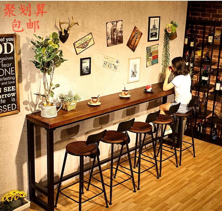 复古休闲咖啡厅靠墙吧台桌家用酒吧台小水吧长条实木高脚吧台桌椅