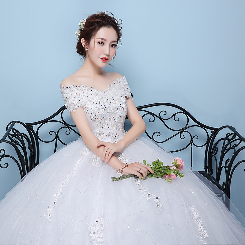 一字肩婚纱礼服2017新款韩式新娘结婚大码显瘦长拖尾齐地公主冬季