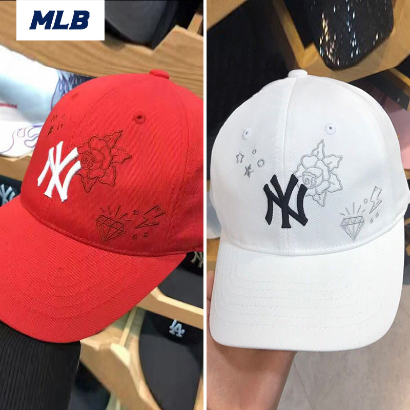 韩国MLB正品代购红色棒球帽2017新款刺绣牡丹鸭舌帽男女款NY帽子
