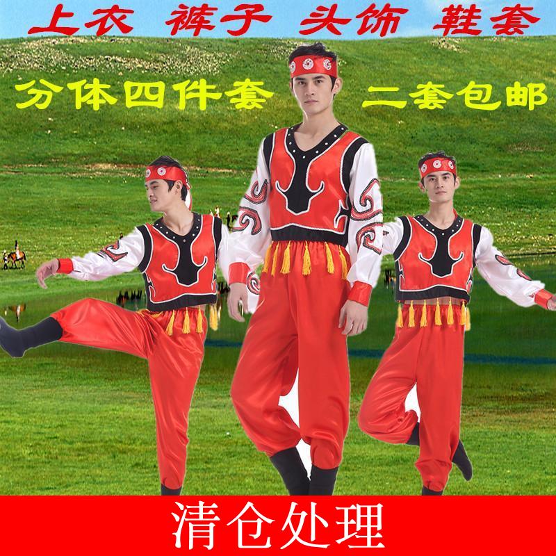 新款少数民族舞蹈服装男蒙古演出服蒙古服民族服装原色动物纹亮面
