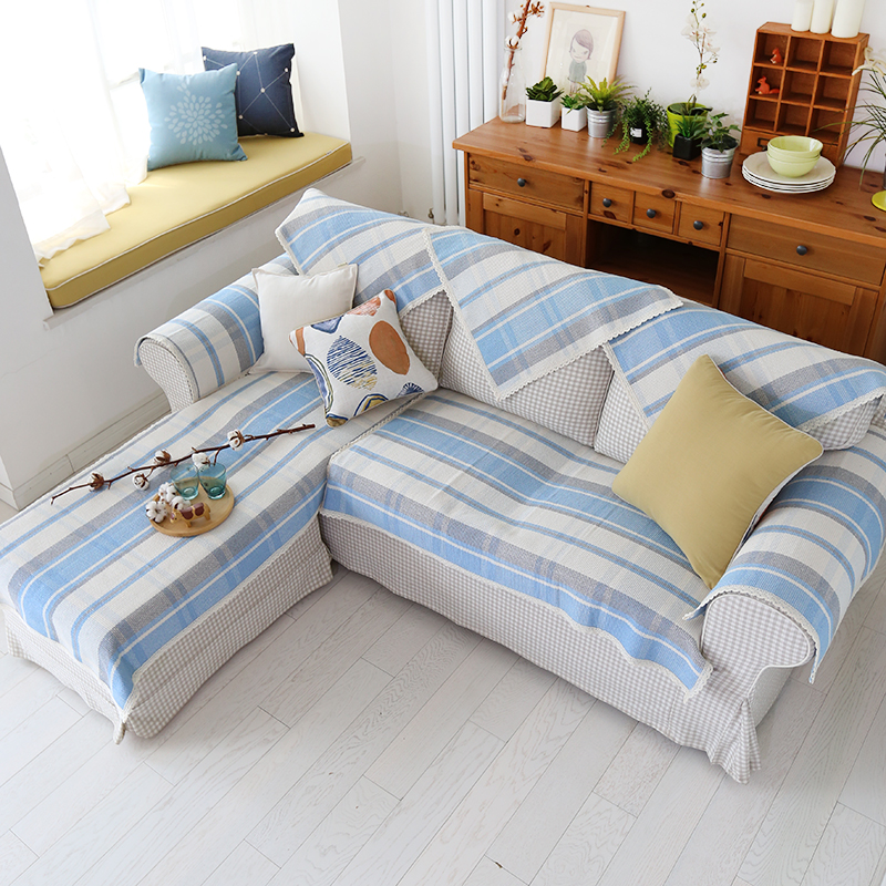 沙发垫夏季纯棉线编织蓝色格纹地中海沙发巾沙发罩沙发盖布坐垫