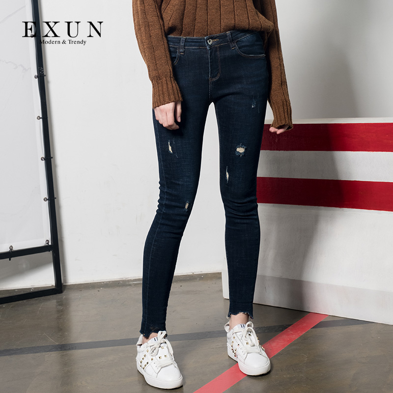EXUN女装2017冬季专柜新款铅笔裤小脚裤子破洞紧身牛仔裤女长裤