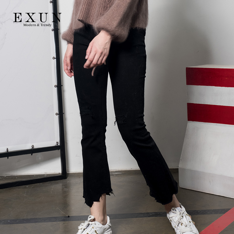EXUN女装2017冬季专柜新款裤子潮女长裤百搭破洞微喇黑色牛仔裤