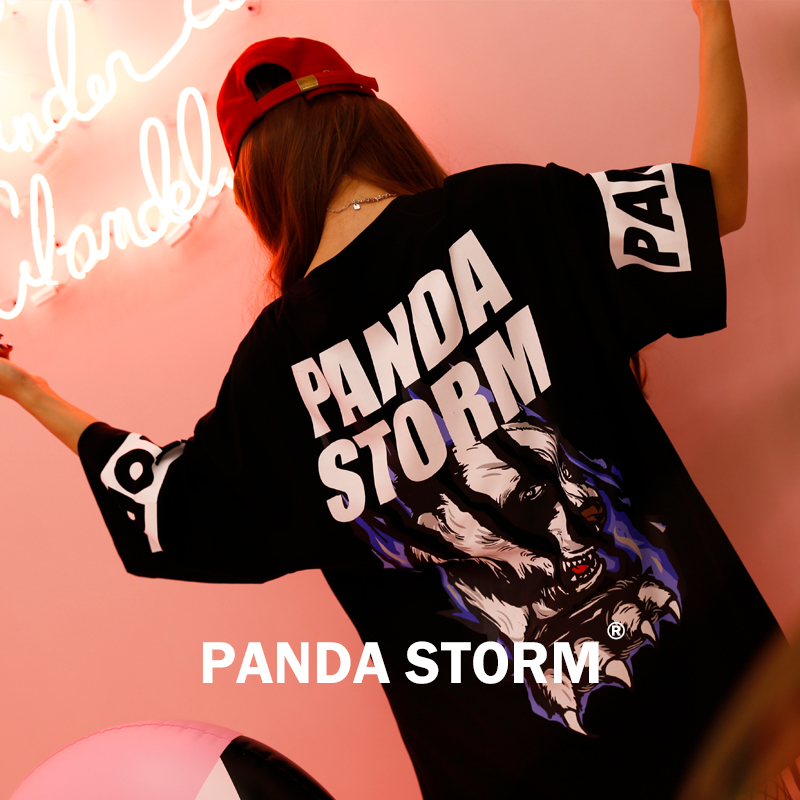 熊猫风暴PANDA STORM黑色抓痕印花HipHop嘻哈宽松国潮女装短袖T恤