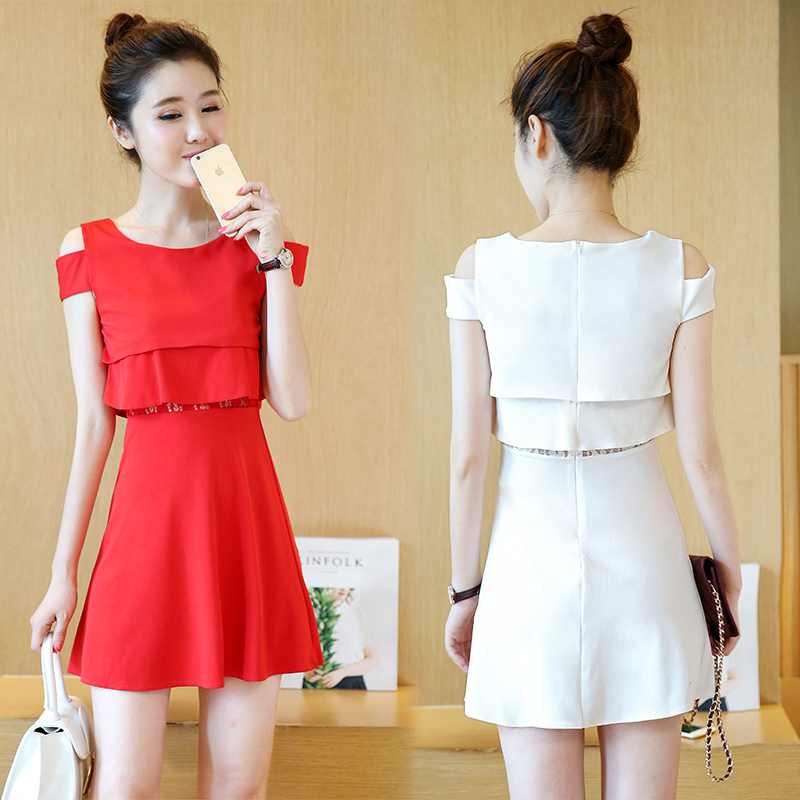 韩版女装夏装矮个子小码S号显高150cm女生带袖漏肩装清新连衣裙潮