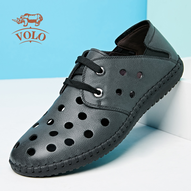 VOLO/犀牛男鞋夏季新款洞洞鞋男镂空透气凉鞋打蜡磨砂软皮休闲鞋