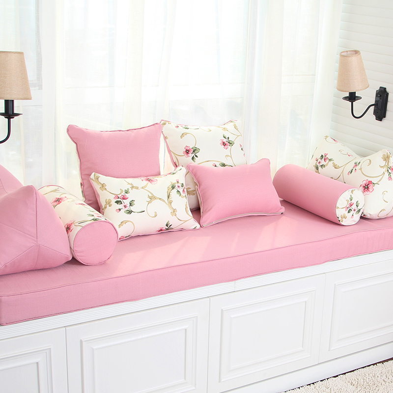粉色花朵田园飘窗垫窗台垫定做高密度海绵沙发坐垫榻榻米垫子订做