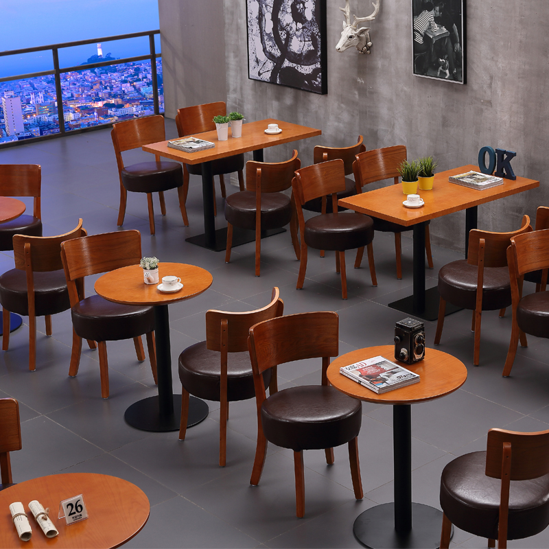 咖啡厅西餐厅桌椅 圆桌方桌组合 奶茶店甜品店配套桌椅实木圆椅子