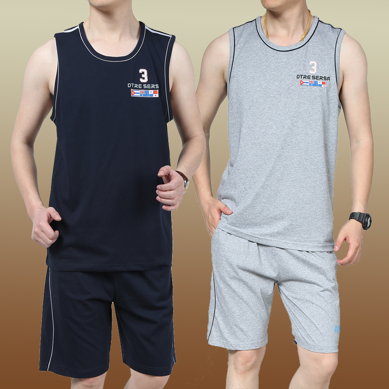 夏季运动服纯棉无袖运动套装男士大码篮球服休闲健身跑步背心短裤
