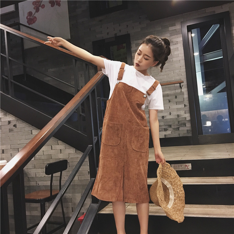 包邮！THE XIBI韩国风CHIC简单的灯芯绒背带裙