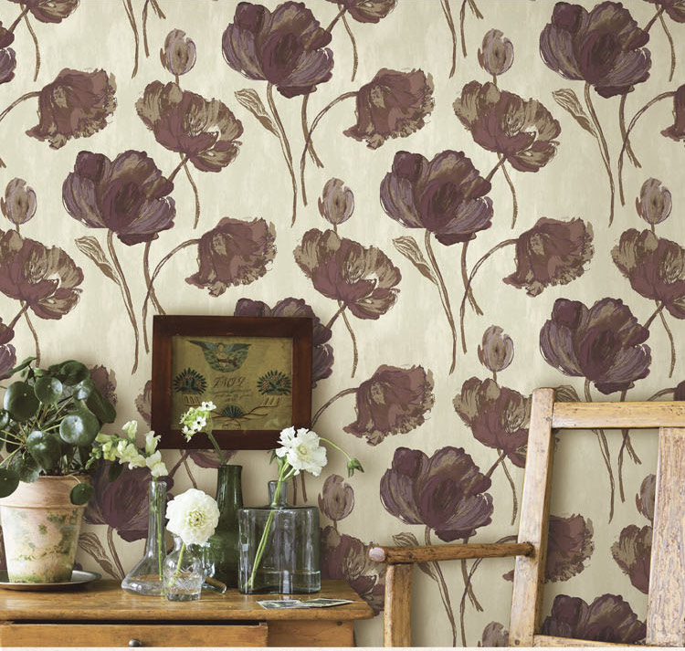 北欧简约 中式水墨紫红色抽象荷叶图案纯纸壁纸 客厅卧室背景墙纸