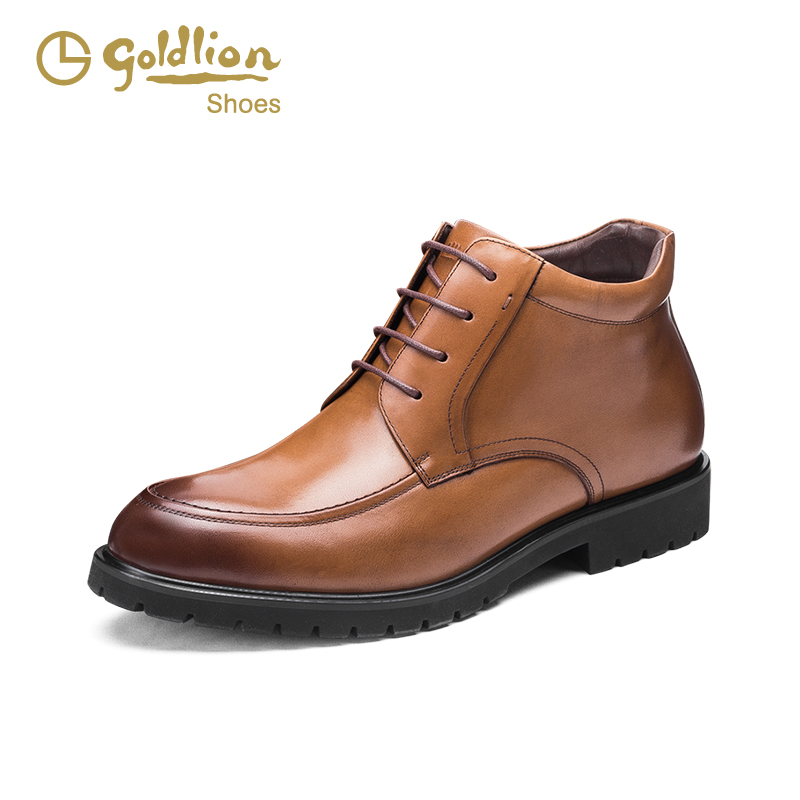Goldlion/金利来2016冬新款保暖真皮中筒男靴 防滑系带舒适男皮鞋