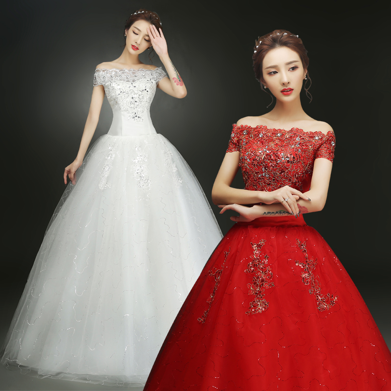 大红色婚纱礼服2016新款新娘一字肩婚纱修身齐地复古韩式蓬蓬裙