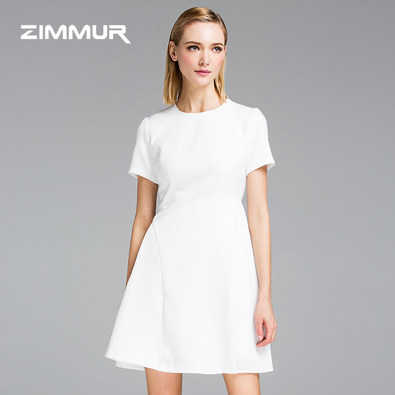 ZIMMUR2016春装新款女装圆领短袖中腰修身显瘦优雅OL通勤连衣裙