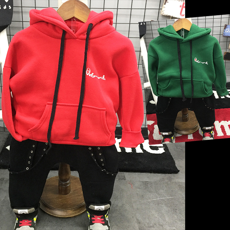 韩版童装冬装2017新款男童加绒加厚连帽卫衣红色绿色休闲运动衫潮