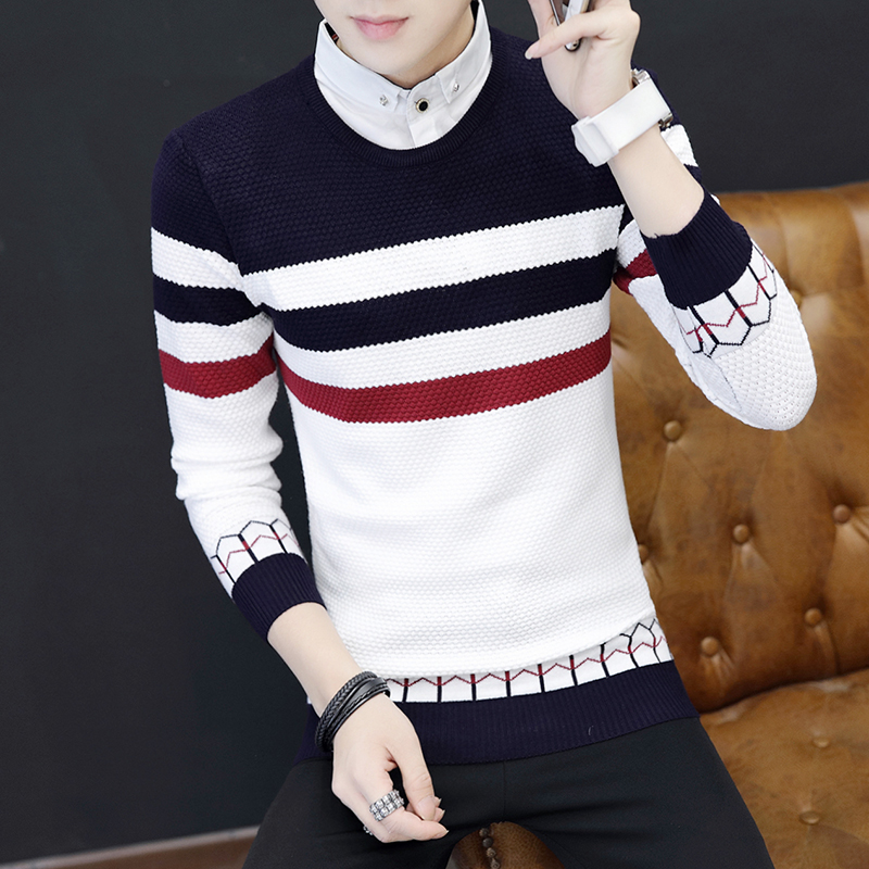 男士衬衣领针织衫韩版修身线衣青少年套头休闲带领新款假两件毛衣