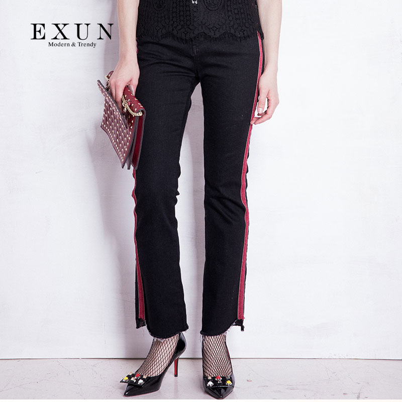 EXUN女装2017秋季新款黑色裤子毛边水洗薄款修身显瘦微喇牛仔裤