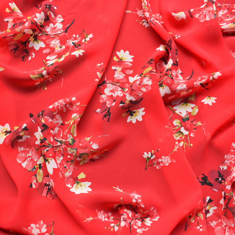 2017新款 高捻雪纺布料 夏季 印花面料 大红色 一枝花  高档服装