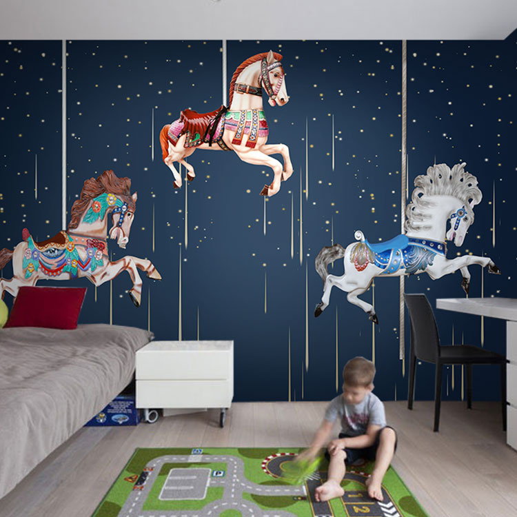 3D星空宇宙太空旋转木马主题乐园儿童房墙纸卧室KTV宾馆酒店壁纸