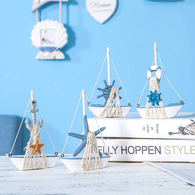 地中海风格装饰品一帆风顺帆船模型摆件小帆船木质手工制作工艺品