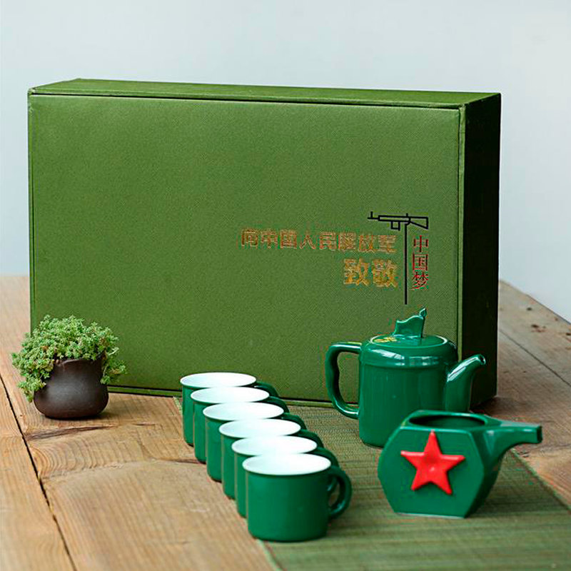 军绿色军旅茶杯套装纪念礼品搪瓷功夫茶具泡茶礼品茶杯礼盒