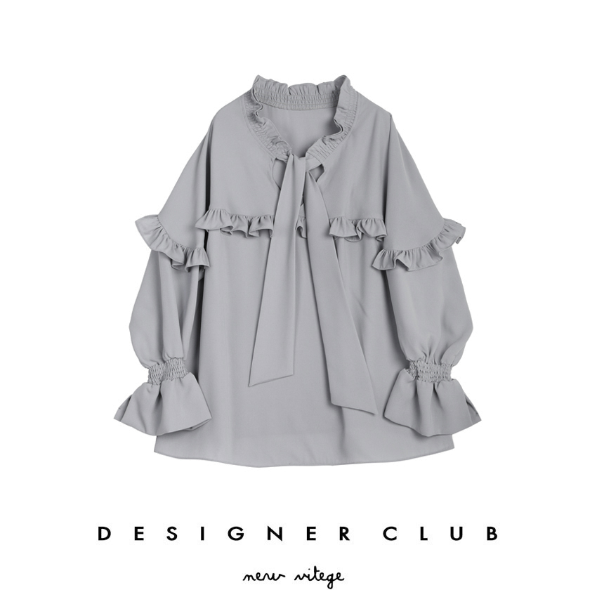 Designer club / 2017秋季新品 荷叶边宽松系带浅灰色衬衫女XY02