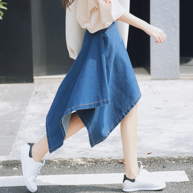 AISS原创设计 夏季百搭韩版牛仔裙不规则半身裙中长裙子女