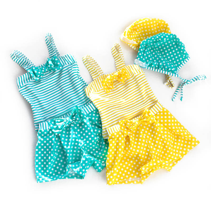 黄色点纹蓝色点纹清新可爱背带儿童泳衣女孩连体游泳衣三件套