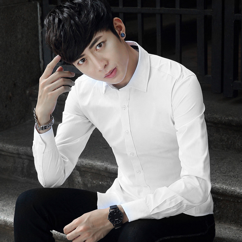 春季白男士长袖衬衫韩版修身商务职业正装内搭西装打底衫黑色衬衣