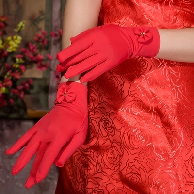 新娘婚纱手套 春夏季缎面手套 礼服有指手套韩式结婚红色手套白色