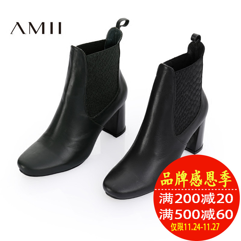 Amii旗舰店2016冬季新品简洁帅气英伦风切尔西牛皮粗高跟靴女