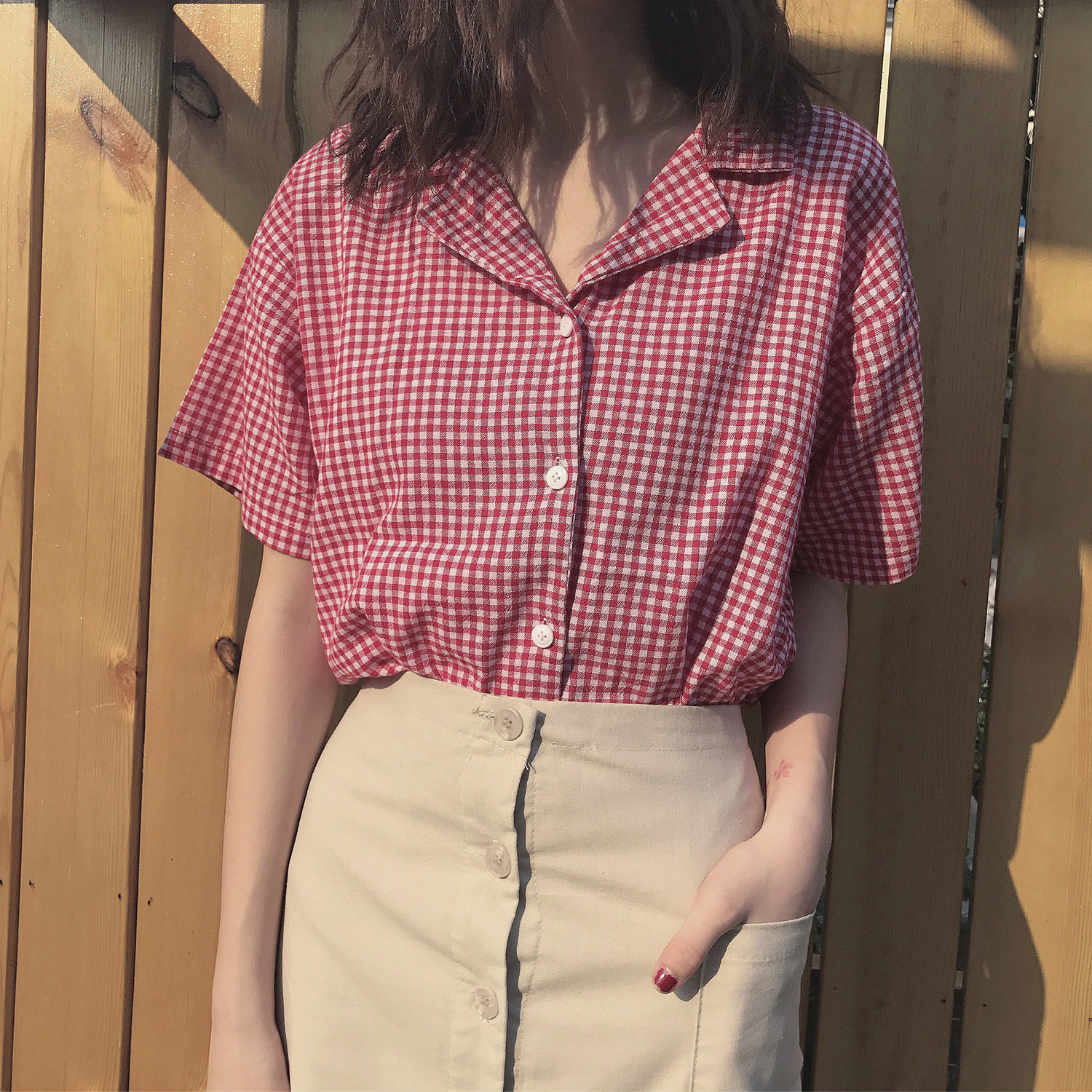 夏季韩版女装复古百搭短袖格子衬衫宽松显瘦休闲衬衣学生打底上衣