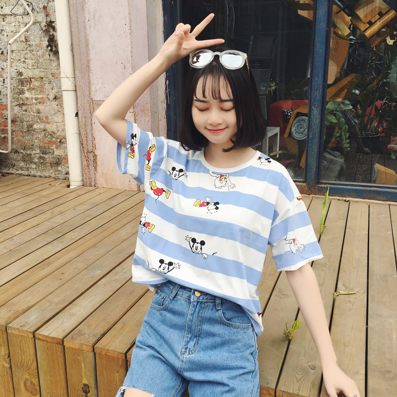 夏装韩版新款短袖条纹t恤女米奇印花学生圆领上衣半截袖打底衫潮