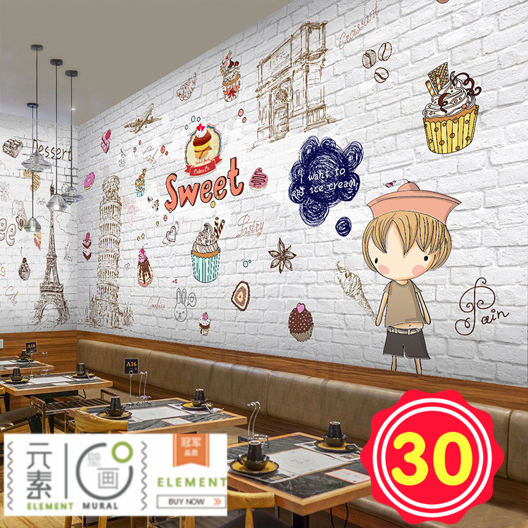 手绘卡通甜品蛋糕店墙纸奶茶咖啡烘焙面包店壁画白色砖墙水泥壁纸