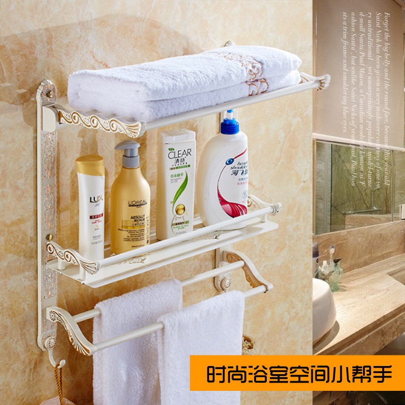 欧式白色加金色浴室置物架毛巾架卫生间置物架壁挂2层折叠浴巾架