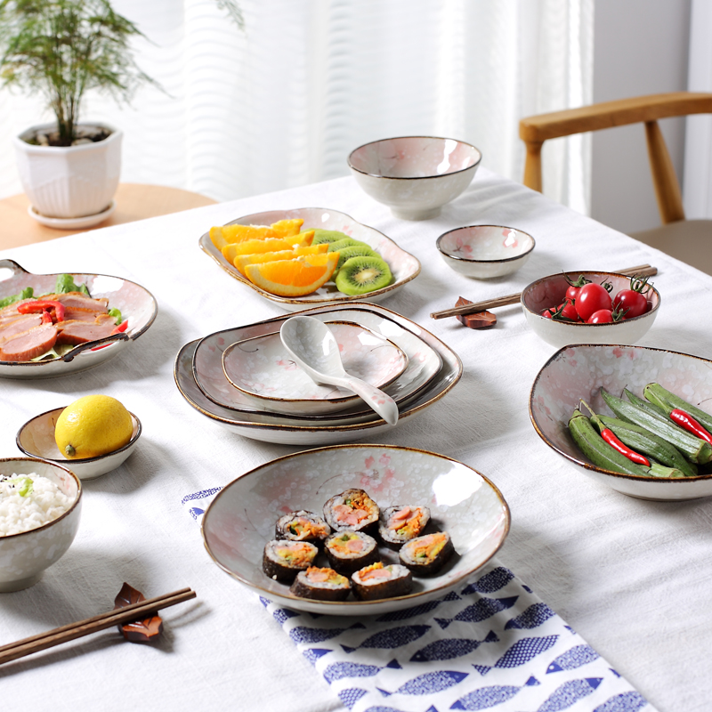 景德镇日式陶瓷餐具唯美粉色樱花汤盘碗勺子酱料碟套装双耳长鱼盘