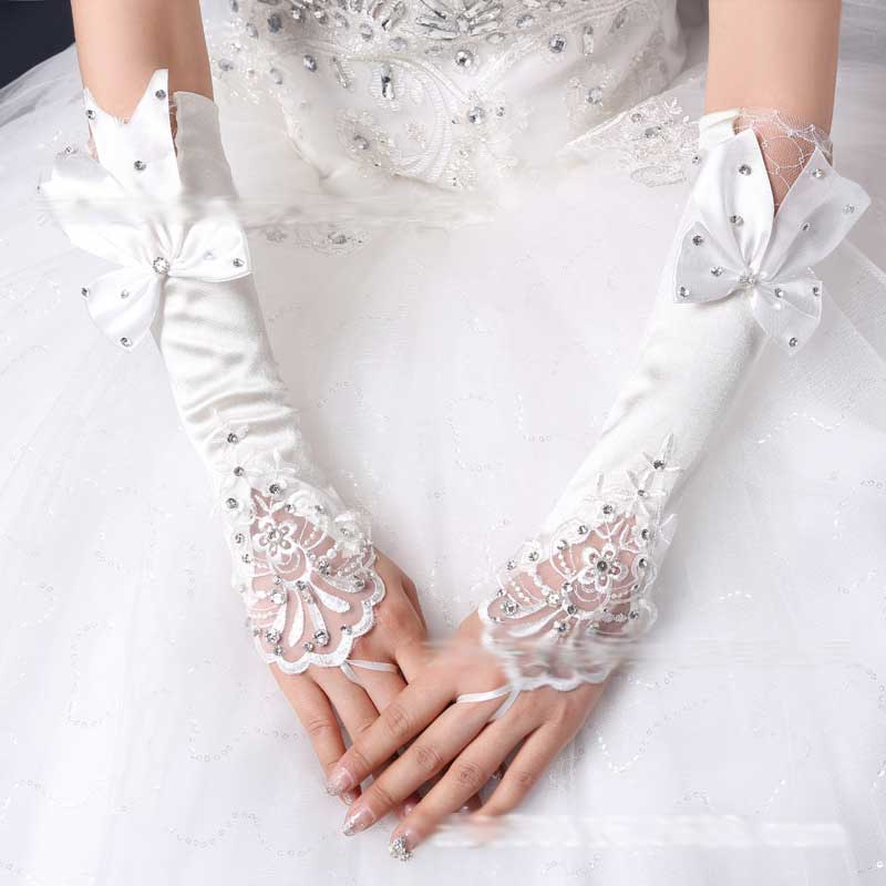 新款新娘婚纱礼服结婚蕾丝手套韩式长款白色红色露蝴蝶结绣花包邮