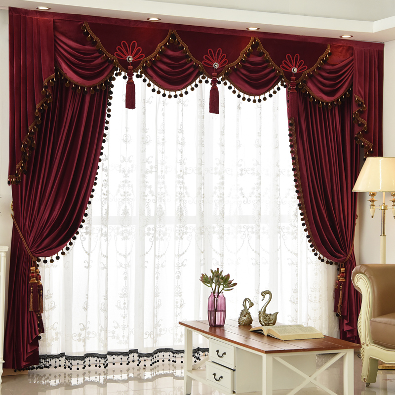 欧式客厅豪华婚房红色丝绒布窗帘头别墅卧室加厚遮光高档纯色现代