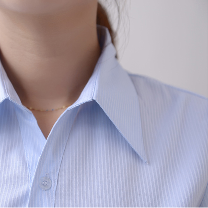 韩版棉蓝色衬衫条纹女长袖职业V领修身工作服正装大码短袖衬衣ol