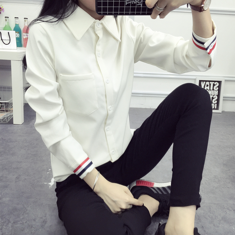 衬衫女长袖春秋装新款韩版百搭修身大码纯棉白色衬衣学生薄外套潮