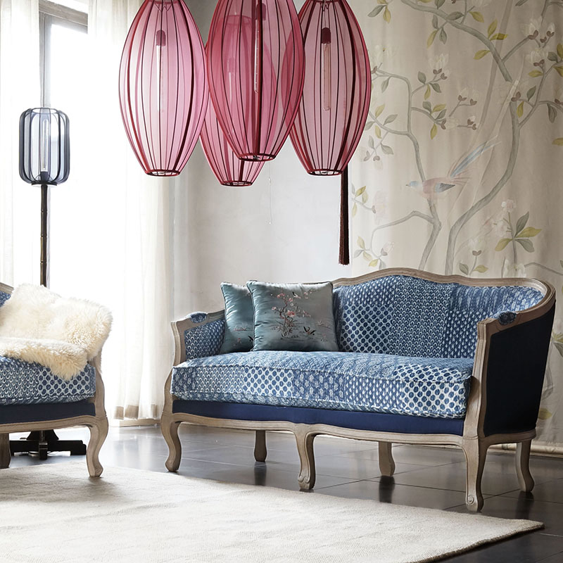 欧式沙发布艺沙发组合[摆设]尼泊尔刺子植物蓝布沙发欧式布艺沙发