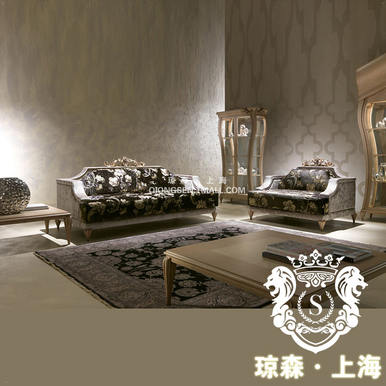 新古典客厅会客1+3别墅接待沙发实木组合沙发黑色布艺休闲沙发