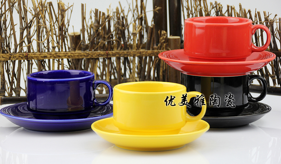 黑色陶瓷彩色咖啡杯西式咖啡杯连碟 套装 送勺 彩色中号咖啡杯碟