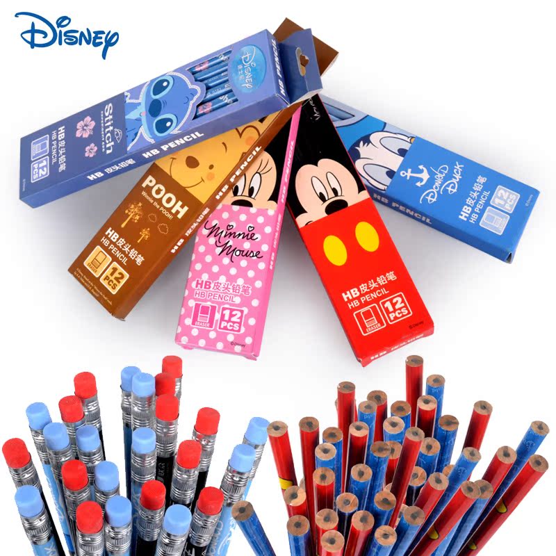 迪士尼HB小学生卡通铅笔36支3盒装带皮头橡皮擦好擦好写不易断