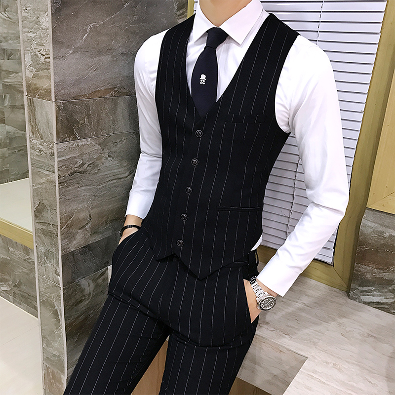 韩版修身男士西装马甲套装 潮流时尚发型师工作服酒吧条纹马甲
