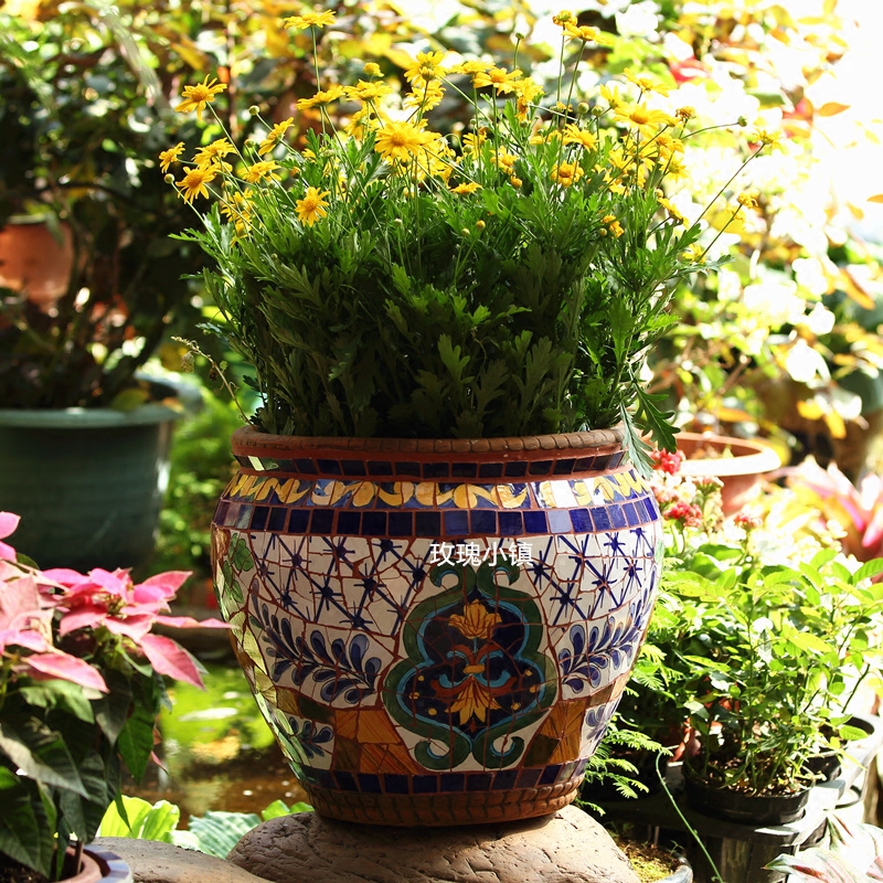 美式深蓝色墨西哥陶瓷马赛克花盆 庭院盆栽绿植花盆多肉花器 包邮