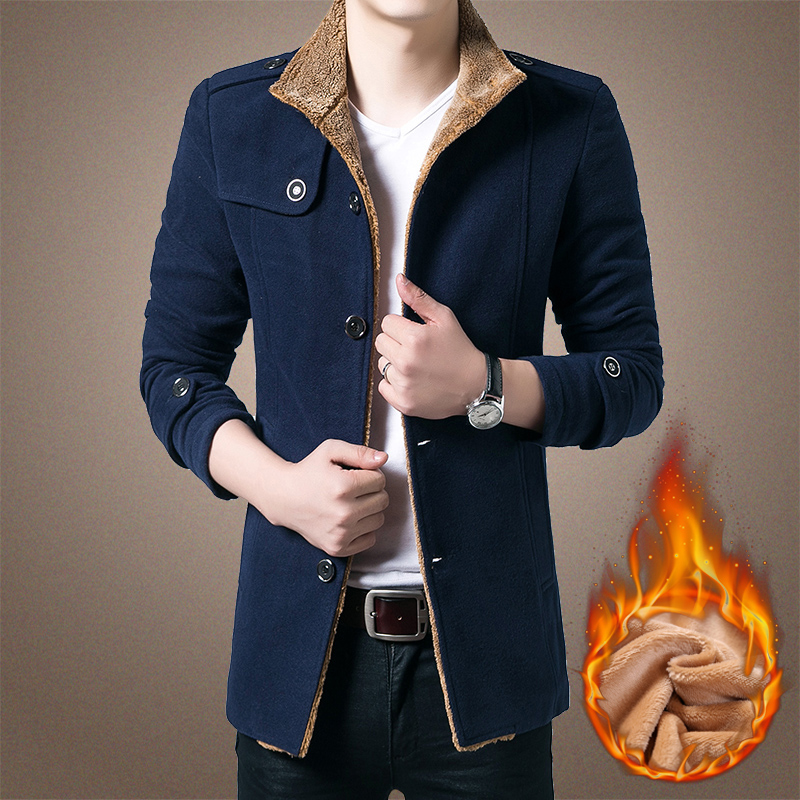 呢子大衣加绒加厚外套男士韩版修身青少年学生以純男装官方旗舰店