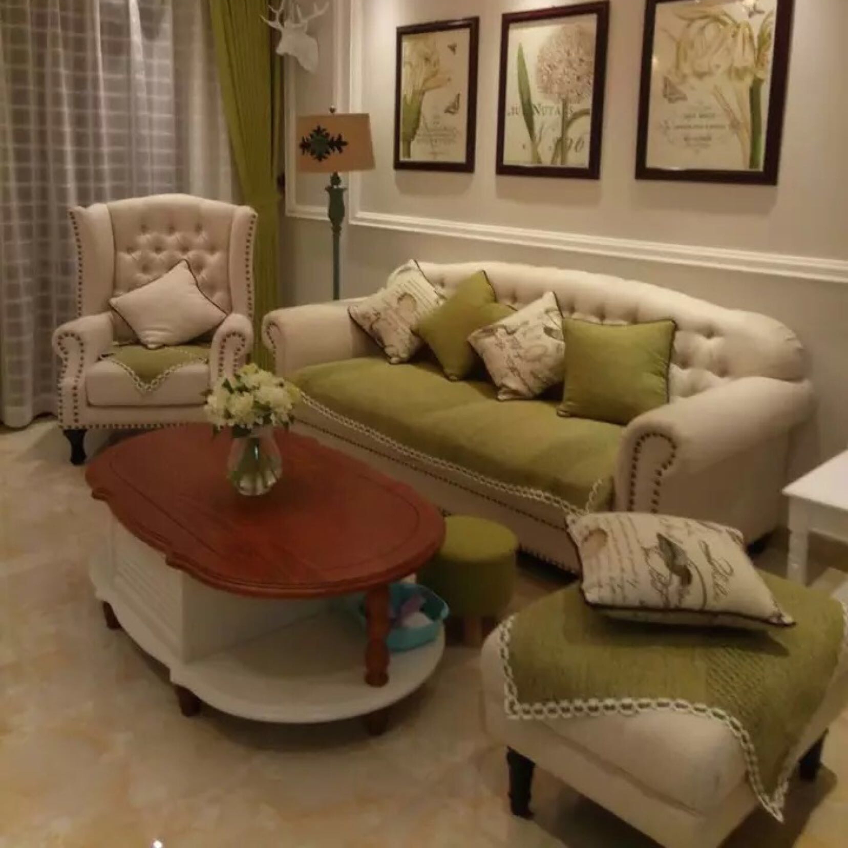 美式乡村三人沙发棉麻布艺拉扣风格家具大户型组合别墅客厅设计师