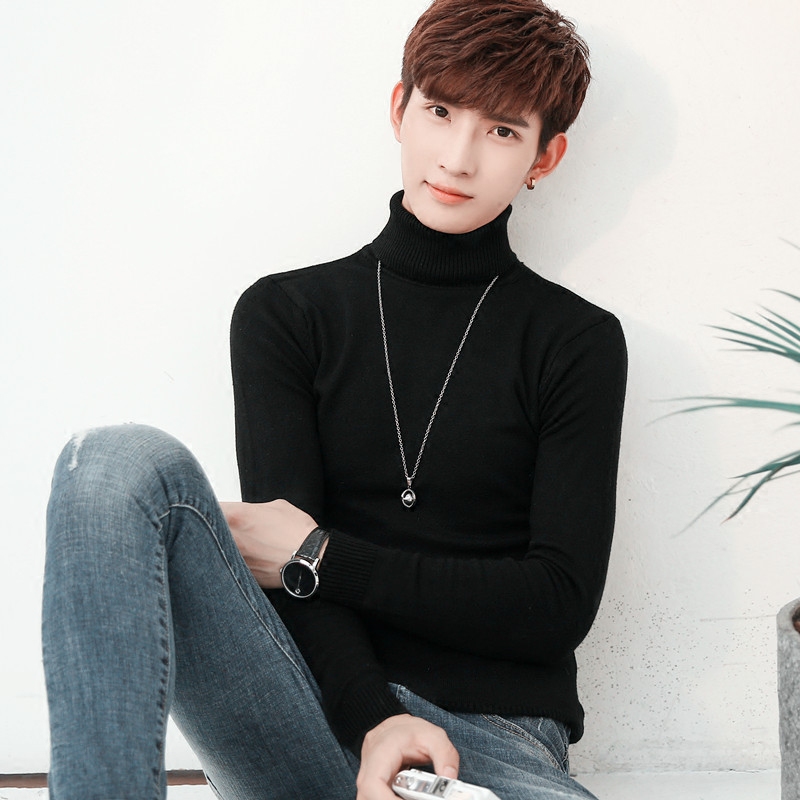 韩版男士修身纯色高领针织衫毛衣两翻领打底衫紧身冬季上衣潮男装