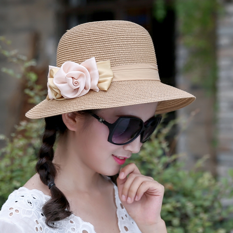 韩版潮草帽子女夏天花朵圆顶草编帽遮阳帽旅游可折叠太阳帽沙滩帽